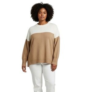 Vince Camuto Colorblock Crew Neck Sweater Antique White Tan - Womens Size 1X
